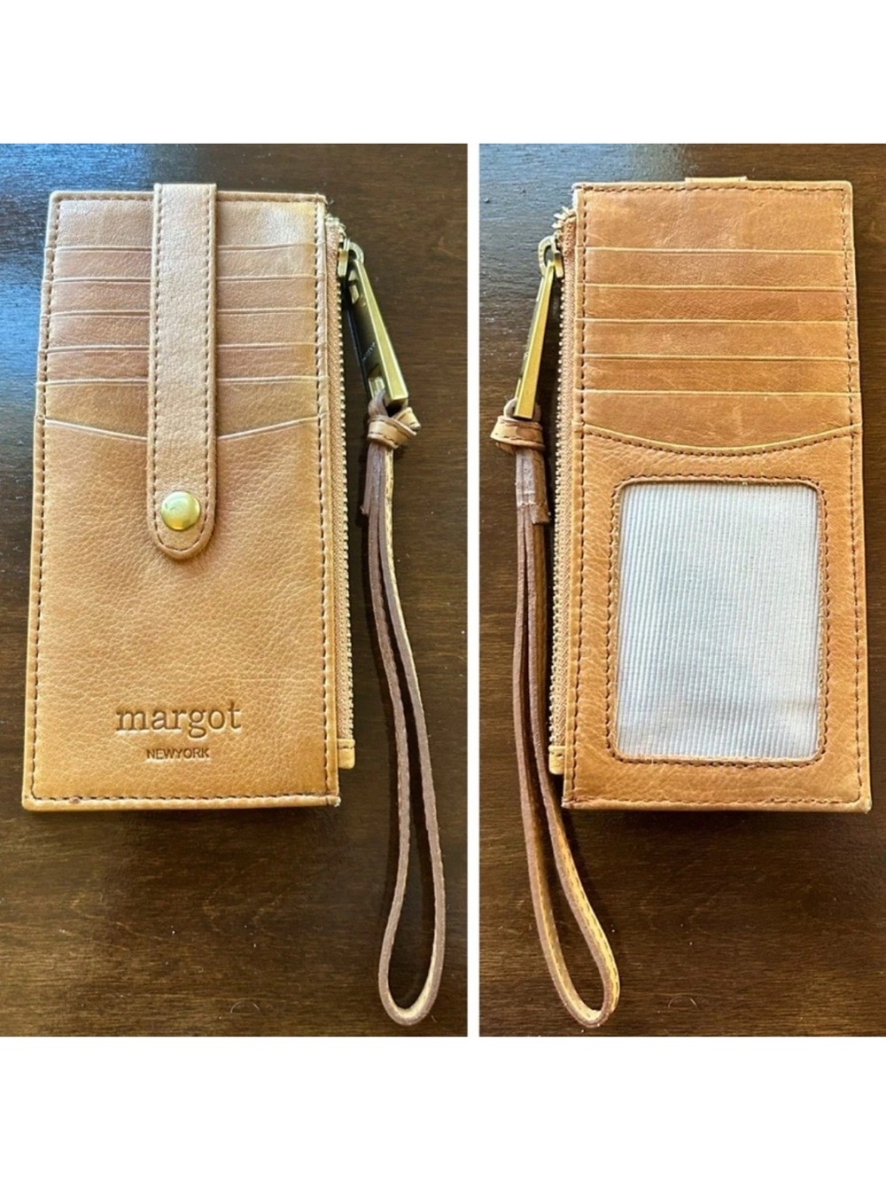 Margot Faye Card Case Wallet Wristlet Genuine Leather Cognac $65